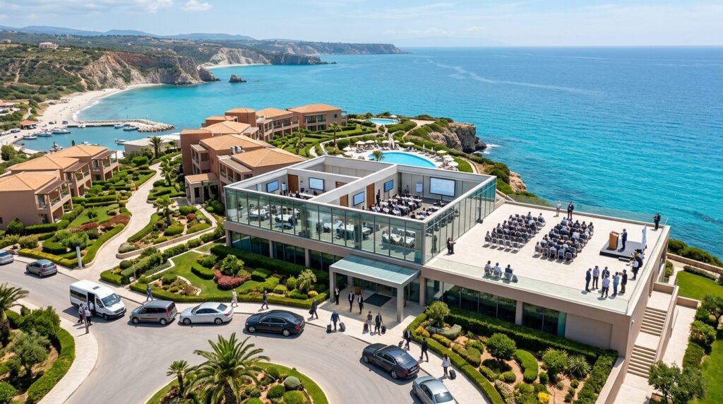 Aerial view of luxury 4-star hotel resort in Mediterranean s