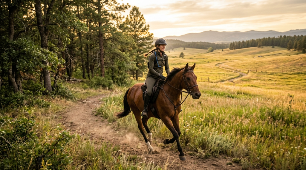 Active female rider on horseback riding through diverse terr