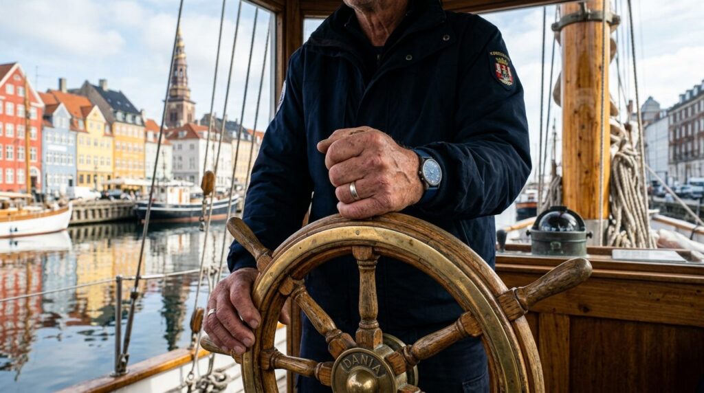 Close-up of experienced sailing captains hands on the ship