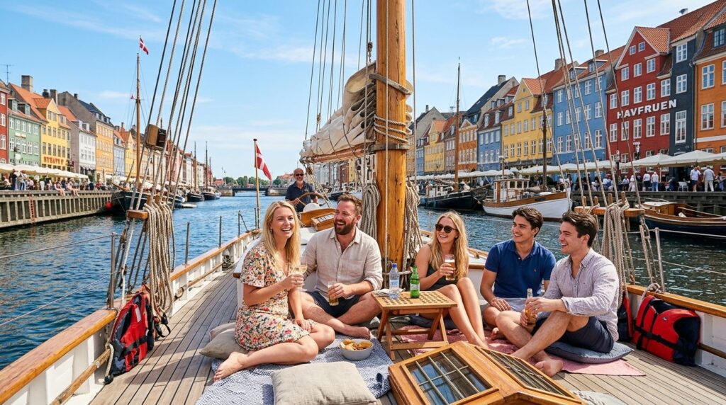 Group of happy tourists relaxing on the deck of a chartered