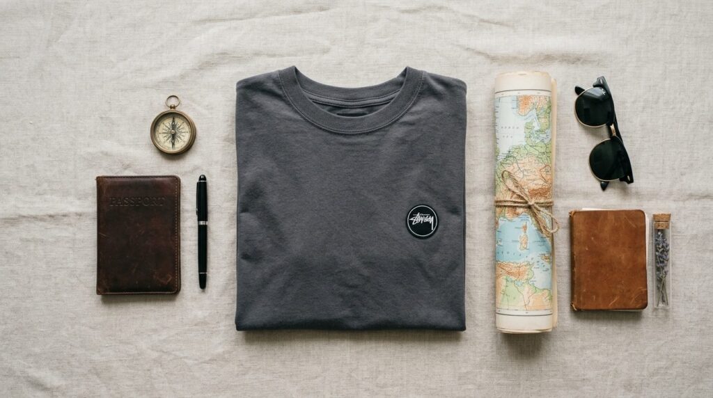 Photorealistic flat lay composition, 16:9 format, profession