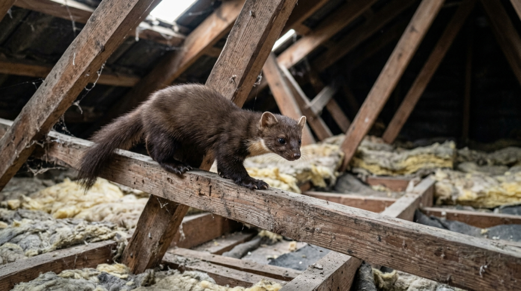 Close-up realistic image of a pine marten in an attic space 