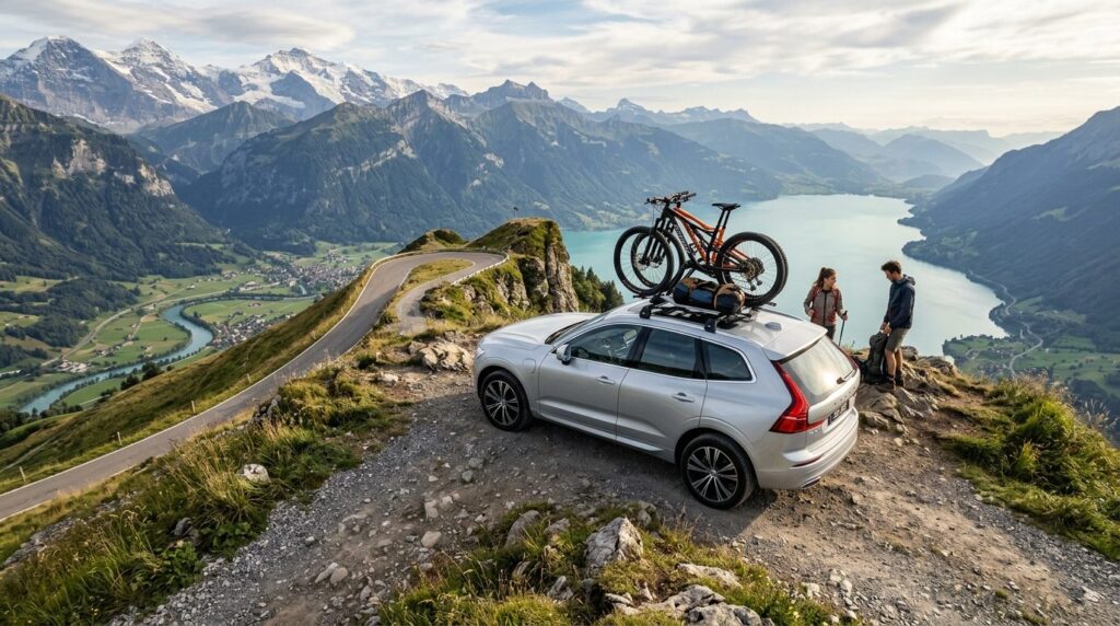 Cinematic overhead shot of a silver Volvo XC60 Recharge park