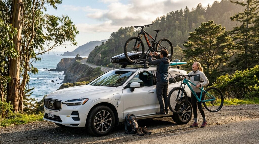 Dynamic lifestyle photograph of a Volvo XC60 Recharge on a c